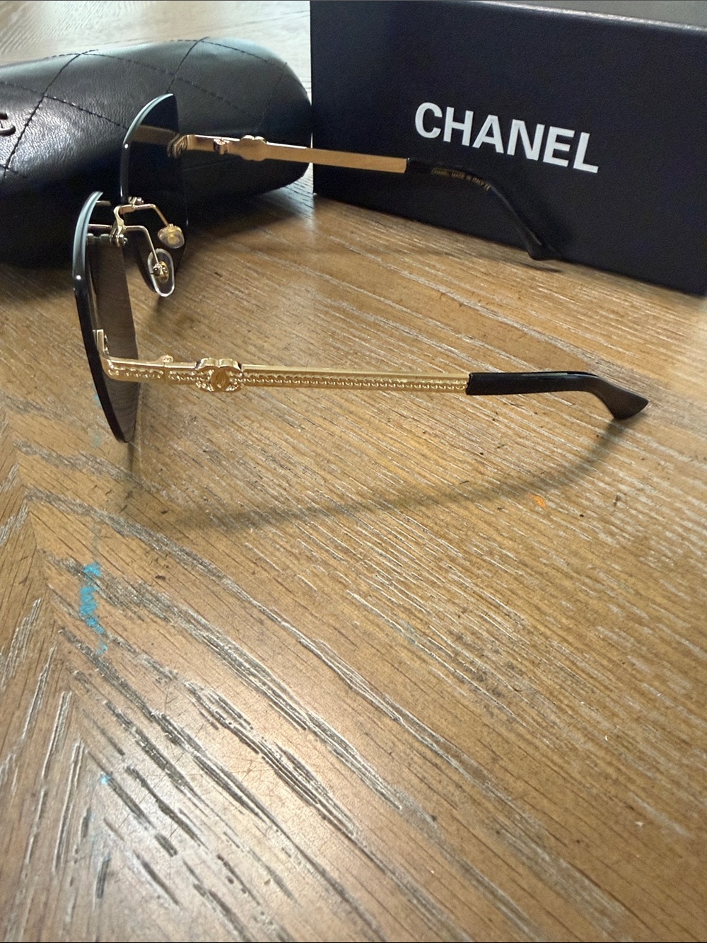 CHANEL Rimless Square Sunglasses in Black and Gold Accents - Picture 7 of 10